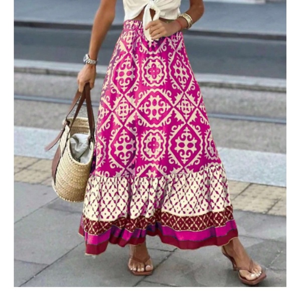 COPY - Boho Color Block Print Stretchy Waist Ruffle Hem Skirt - Picture 8 of 14